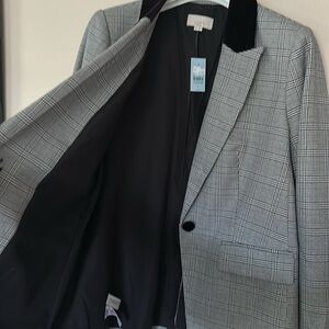 NWT LOFT Black and White Plaid Blazer with Velvet-like Collar size 8P